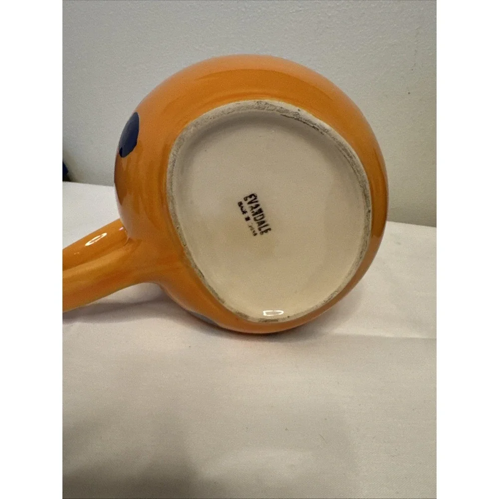 Evandale Hand Painted Ceramic Teapot Orange w Blue Dots w Lid Vintage 70s